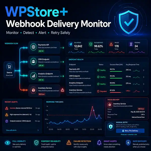 The WPStore+ Webhook Delivery Monitor dashboard displays the Webhook Flow diagram, Endpoint Health status, success statistics, and error alerts in Dark Mode.