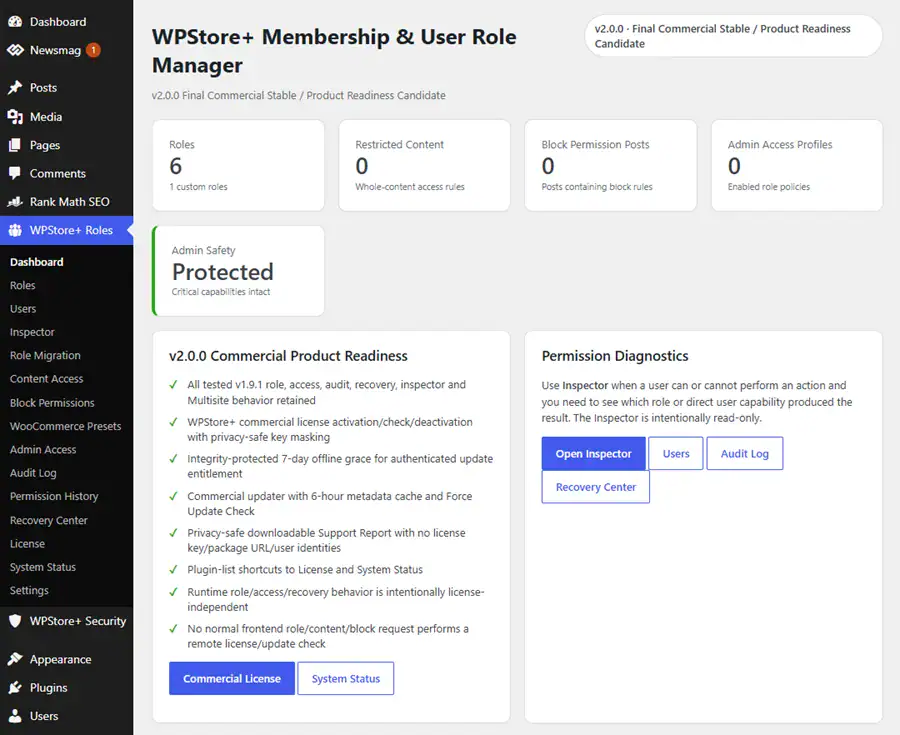 WPStore+ Membership and User Role Manager dashboard showing WordPress roles, users, permission status and security information.