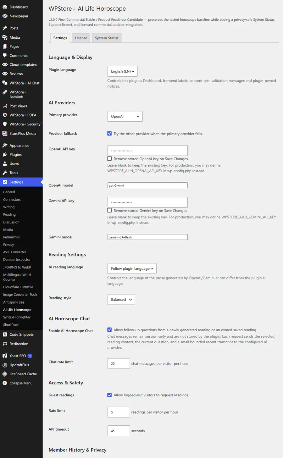 WPStore AI Life Horoscope WordPress settings showing AI provider, language, privacy and rate limit controls.