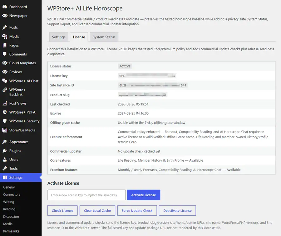 WPStore AI Life Horoscope license dashboard with activation status offline grace and commercial update controls.