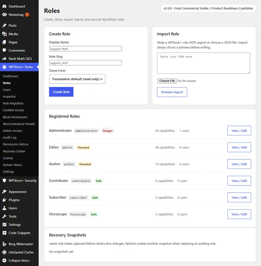 WordPress role manager showing custom roles, built-in roles, capability counts and role management actions.