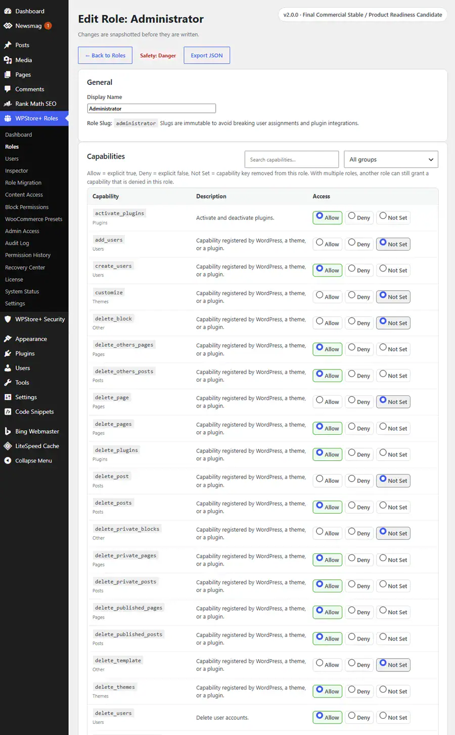 Capability editor displaying Allow, Deny and Not Set permission controls with searchable WordPress capability groups.