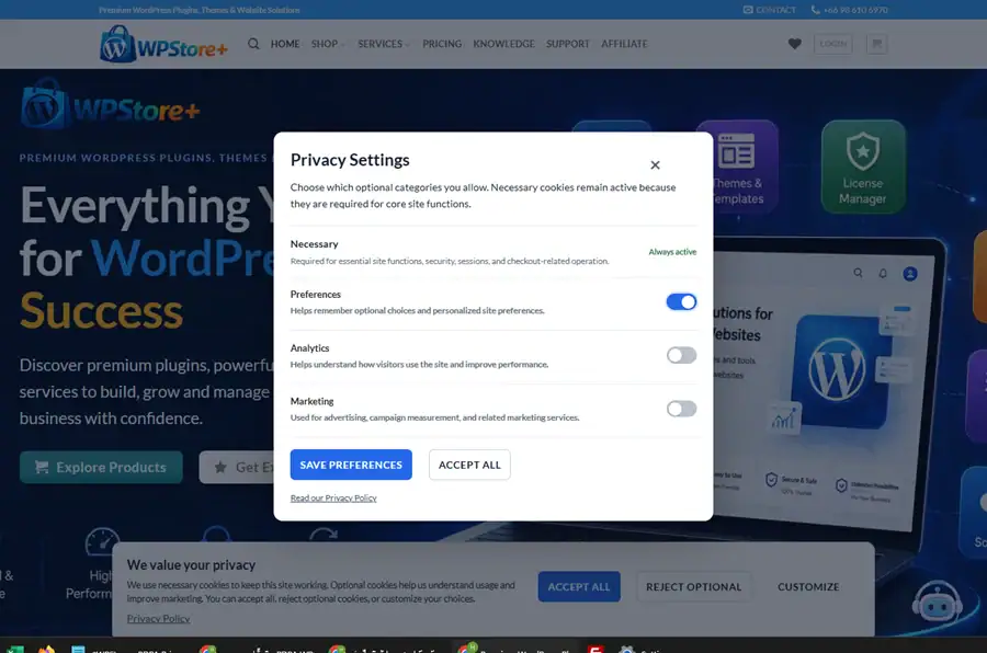 Privacy preferences panel showing Necessary, Preferences, Analytics, and Marketing consent categories with visitor controls.