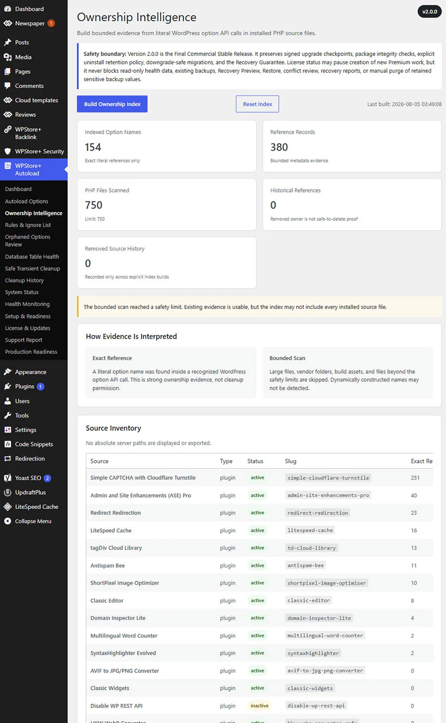 Ownership Intelligence dashboard showing indexed plugins and themes, exact option references, owner status, confidence, and removed source history.