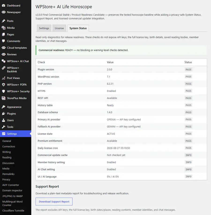 WPStore AI Life Horoscope System Status dashboard showing WordPress AI license database and readiness diagnostics.