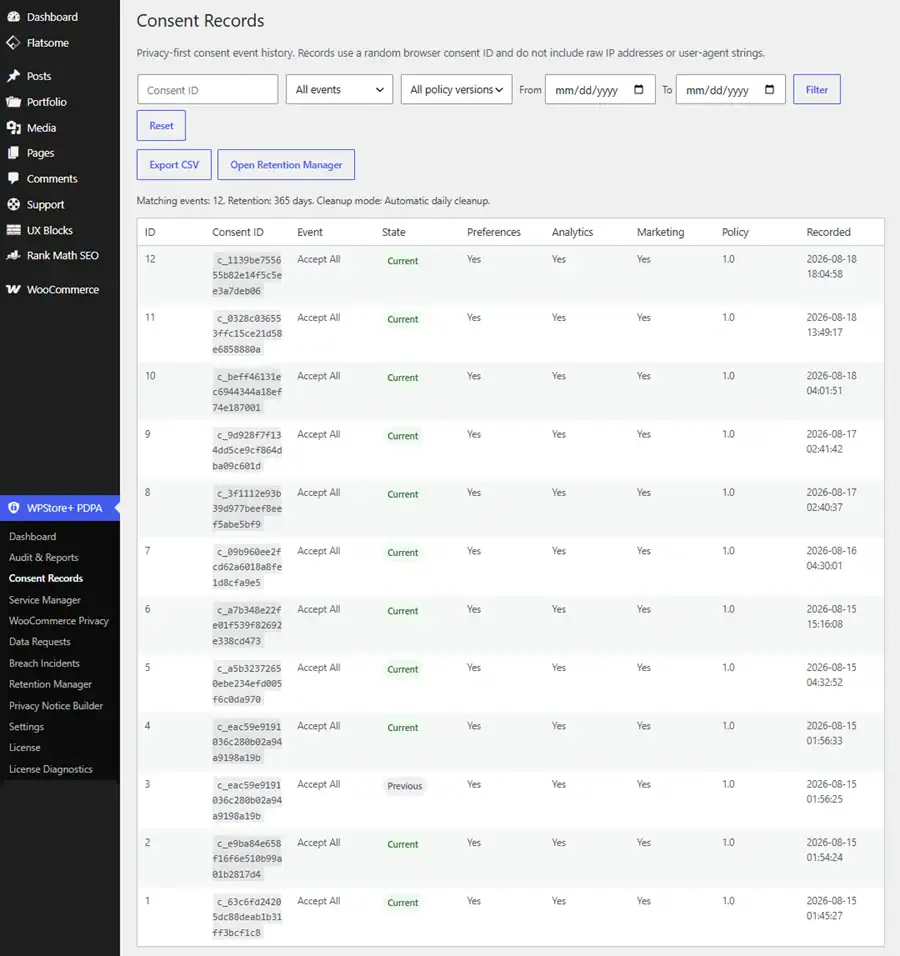 WordPress admin consent records showing pseudonymous consent history, policy versions, events, filters, and export controls.
