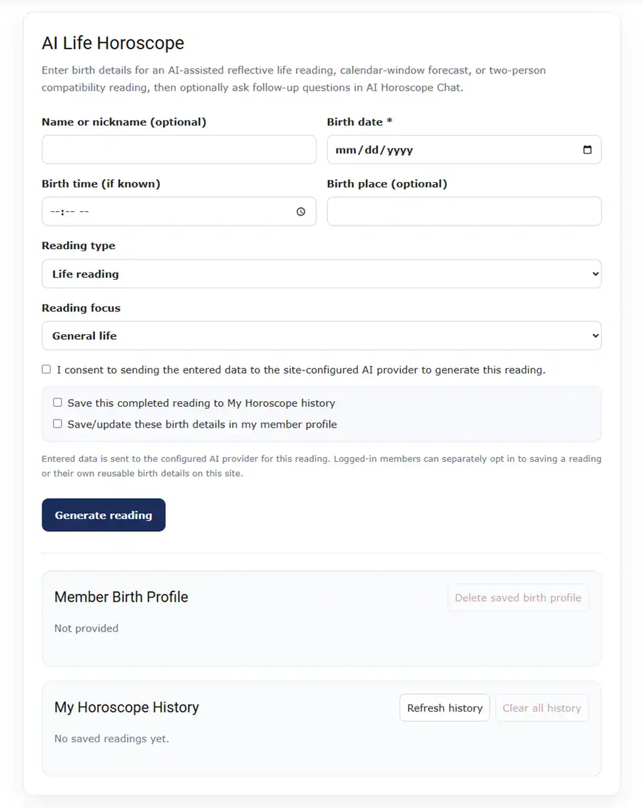 AI horoscope WordPress frontend form with birth date time place reading type and consent fields.