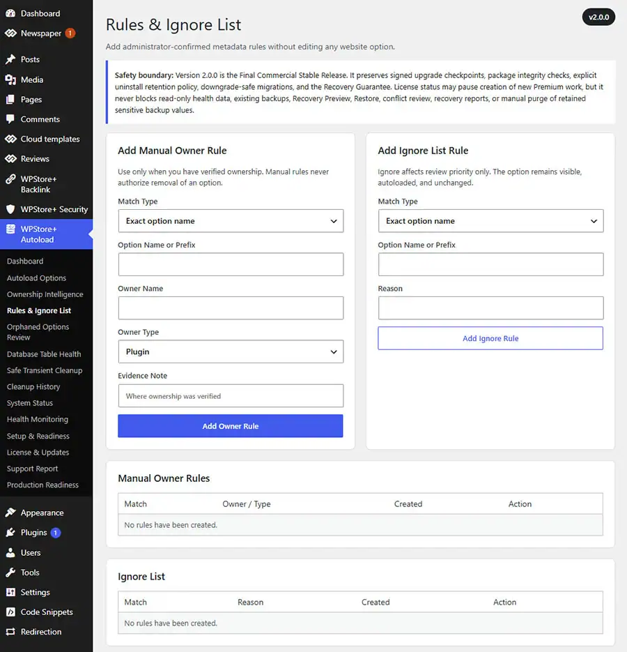 Manual Owner Rules and Ignore List interface for adding exact or prefix ownership evidence and non-destructive database review exclusions.