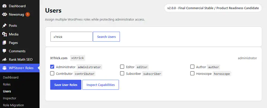 WordPress user management screen assigning multiple roles to one user with safe role and permission controls.