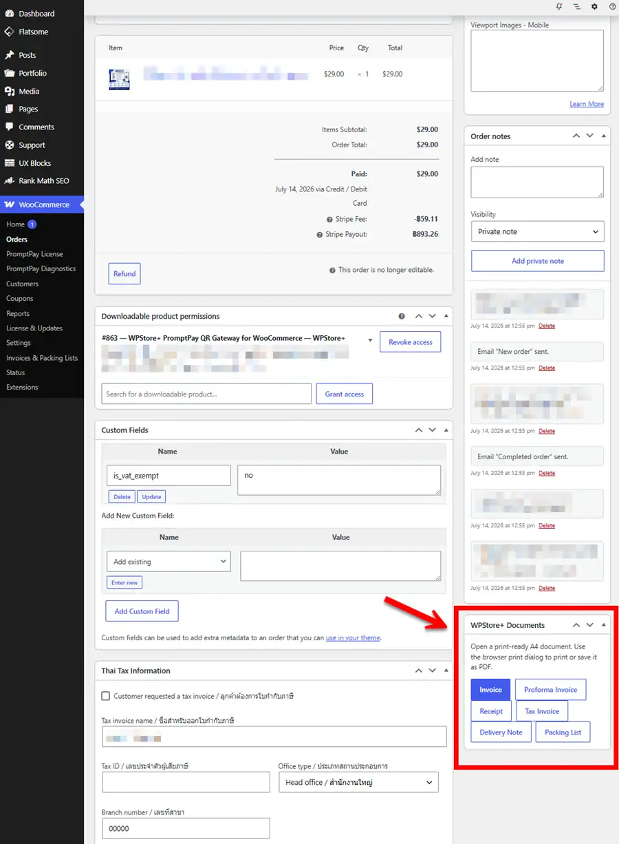 WooCommerce order editor with buttons for seven WPStore+ invoice, receipt, refund, delivery and packing documents.
