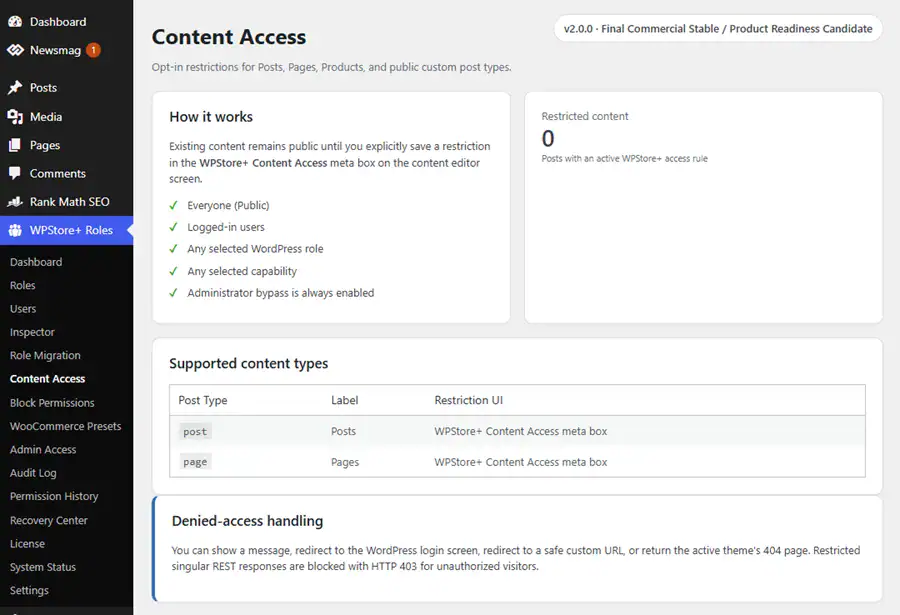 Content Access settings restricting WordPress posts pages and WooCommerce products by login status role or capability.