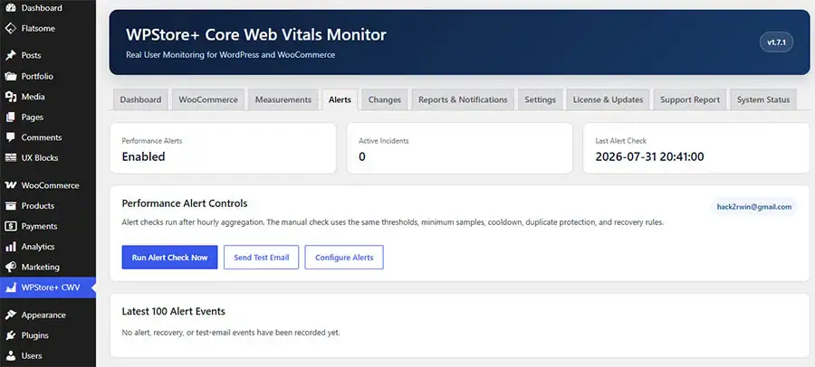 Performance Alert settings for Core Web Vitals thresholds, regressions, minimum samples, cooldown, and recovery notifications