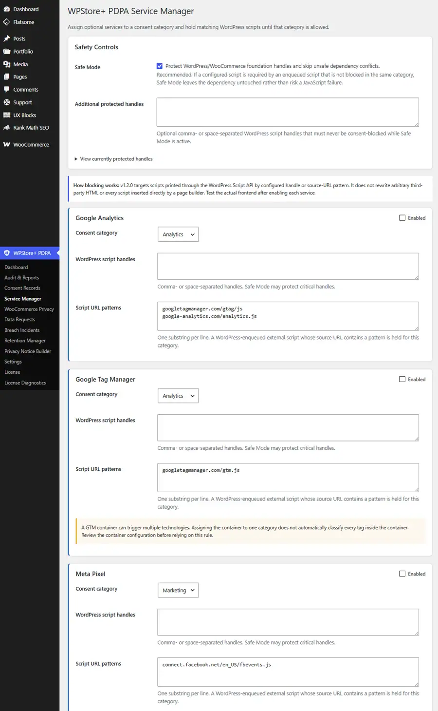 Service Manager configuring analytics, marketing, YouTube, WordPress handles, URL patterns, and consent-based script blocking.