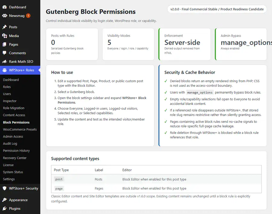 Gutenberg editor showing WPStore+ Block Permissions for logged-in users selected roles and selected capabilities.