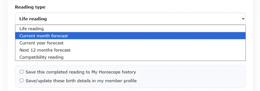 Horoscope reading type selector showing Life Reading current month current year next twelve months and compatibility options.