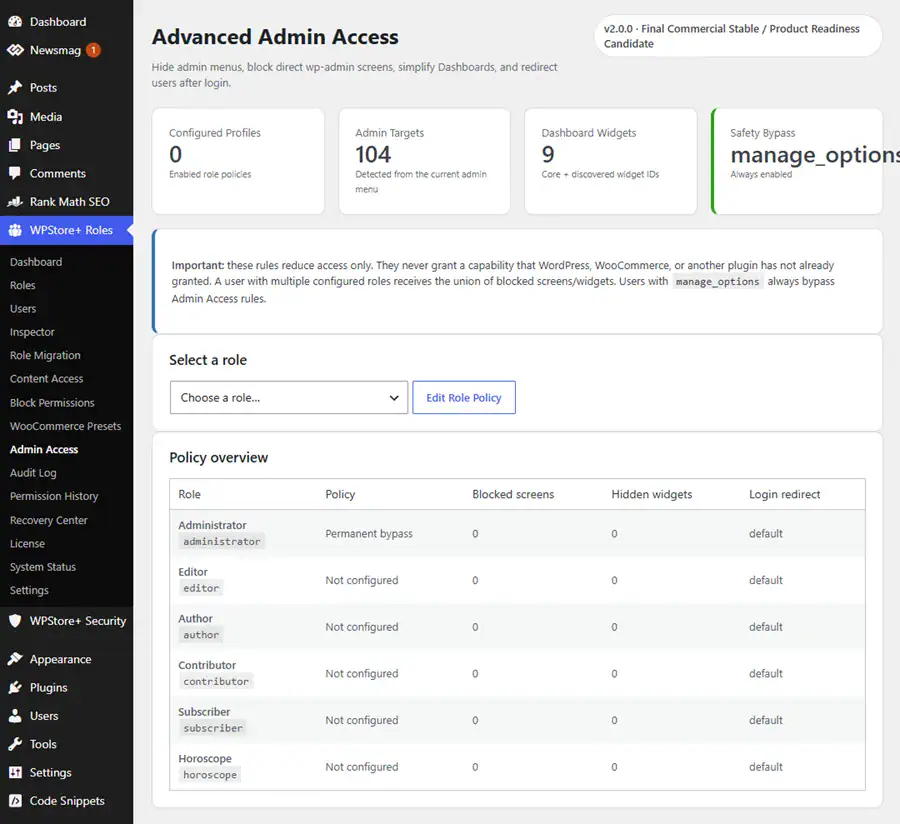 Advanced Admin Access screen configuring WordPress admin menu restrictions dashboard widgets and role-based login redirects.