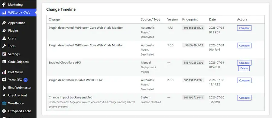 Change Timeline showing automatic WordPress plugin and theme events alongside manual hosting, CDN, cache, and deployment markers