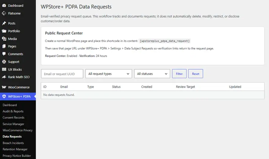 Frontend privacy request form supporting access, export, correction, erasure, restriction, objection, and consent withdrawal.
