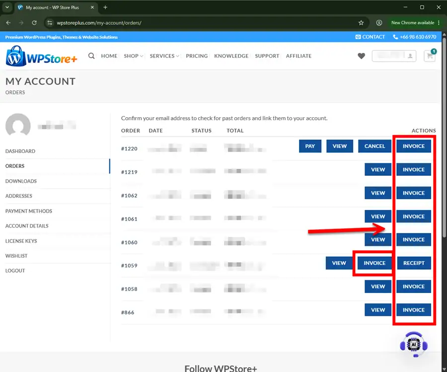 WooCommerce My Account order actions for secure Invoice, Receipt and Tax Invoice access.