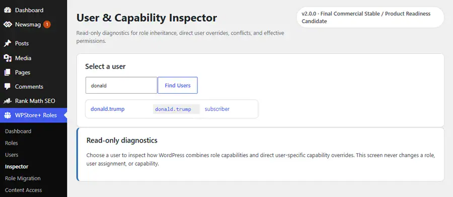 User and Capability Inspector showing effective capabilities permission sources conflicts and winning role or user overrides.