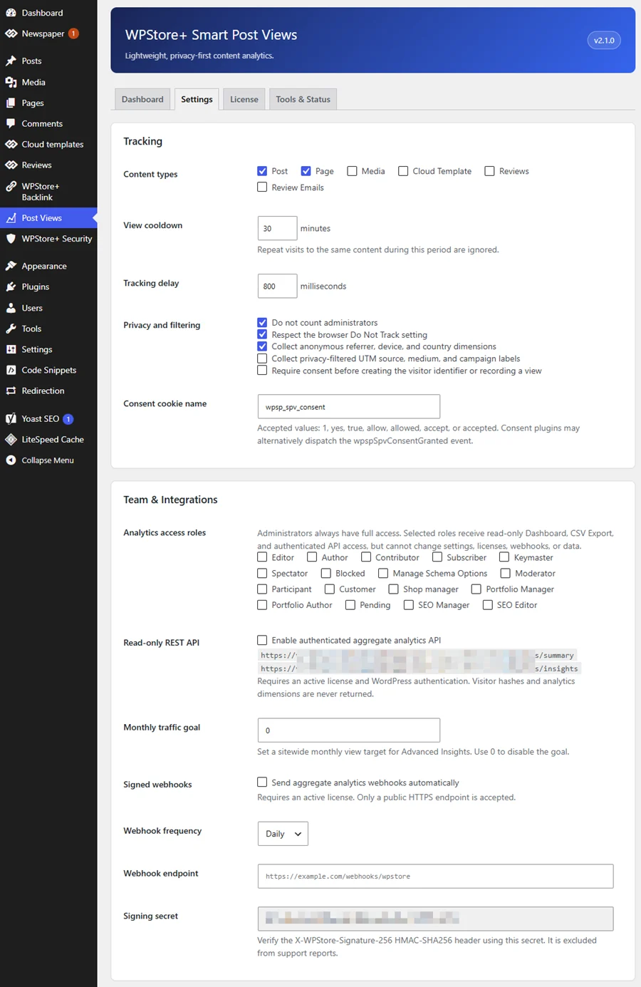 Tracking settings for content types, view cooldown, tracking delay, administrator filtering, privacy controls, and visitor consent.