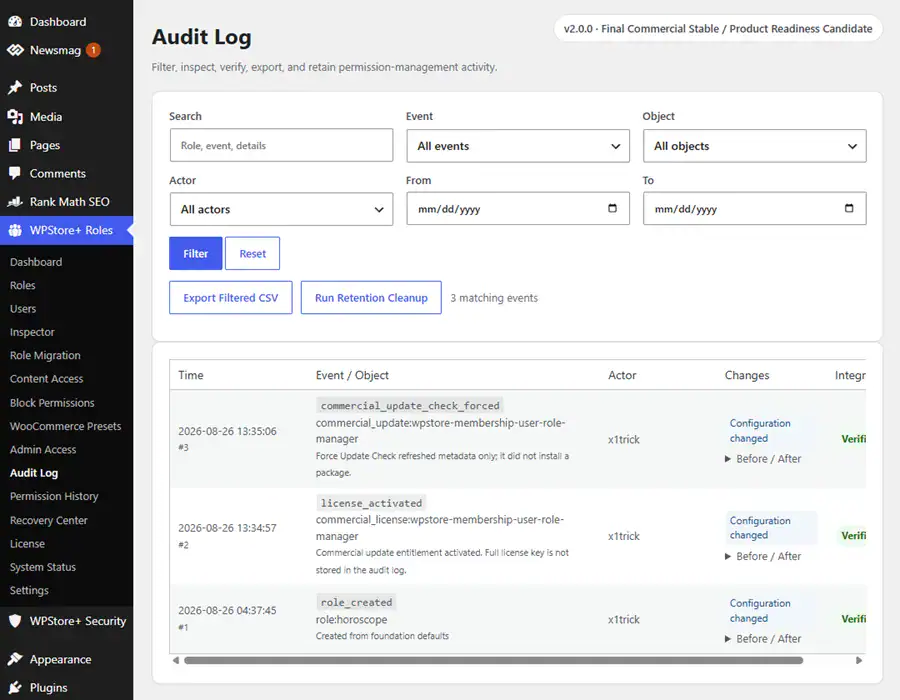 Permission History showing role capability changes before and after states audit events integrity and recovery snapshots.