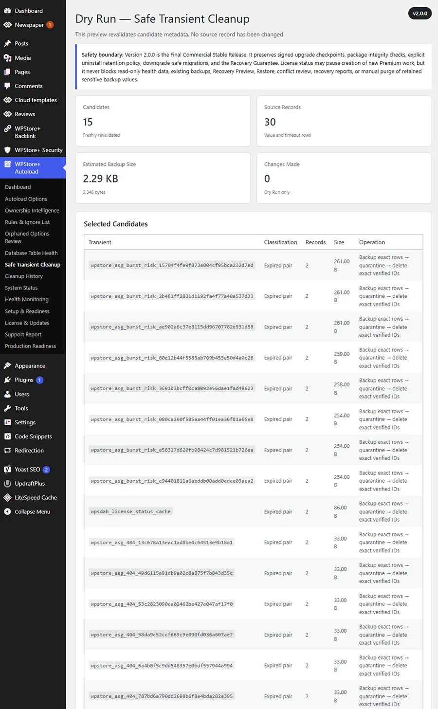 Safe cleanup Dry Run Preview showing selected transient candidates, record counts, backup size, safety warnings, and confirmation requirements.
