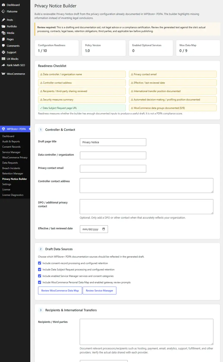 Privacy Notice Builder combining configured services, data sources, retention, WooCommerce, and privacy workflow information.