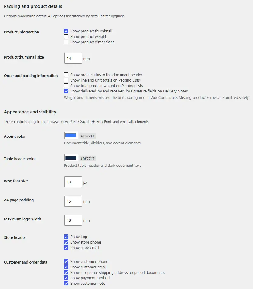 WooCommerce document appearance settings with colors, sizing, product images, weight and packing detail controls.