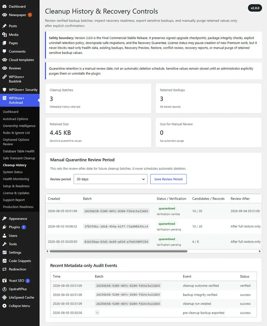 Cleanup History and Quarantine dashboard showing cleanup batches, verification status, retained records, review dates, and recovery actions.