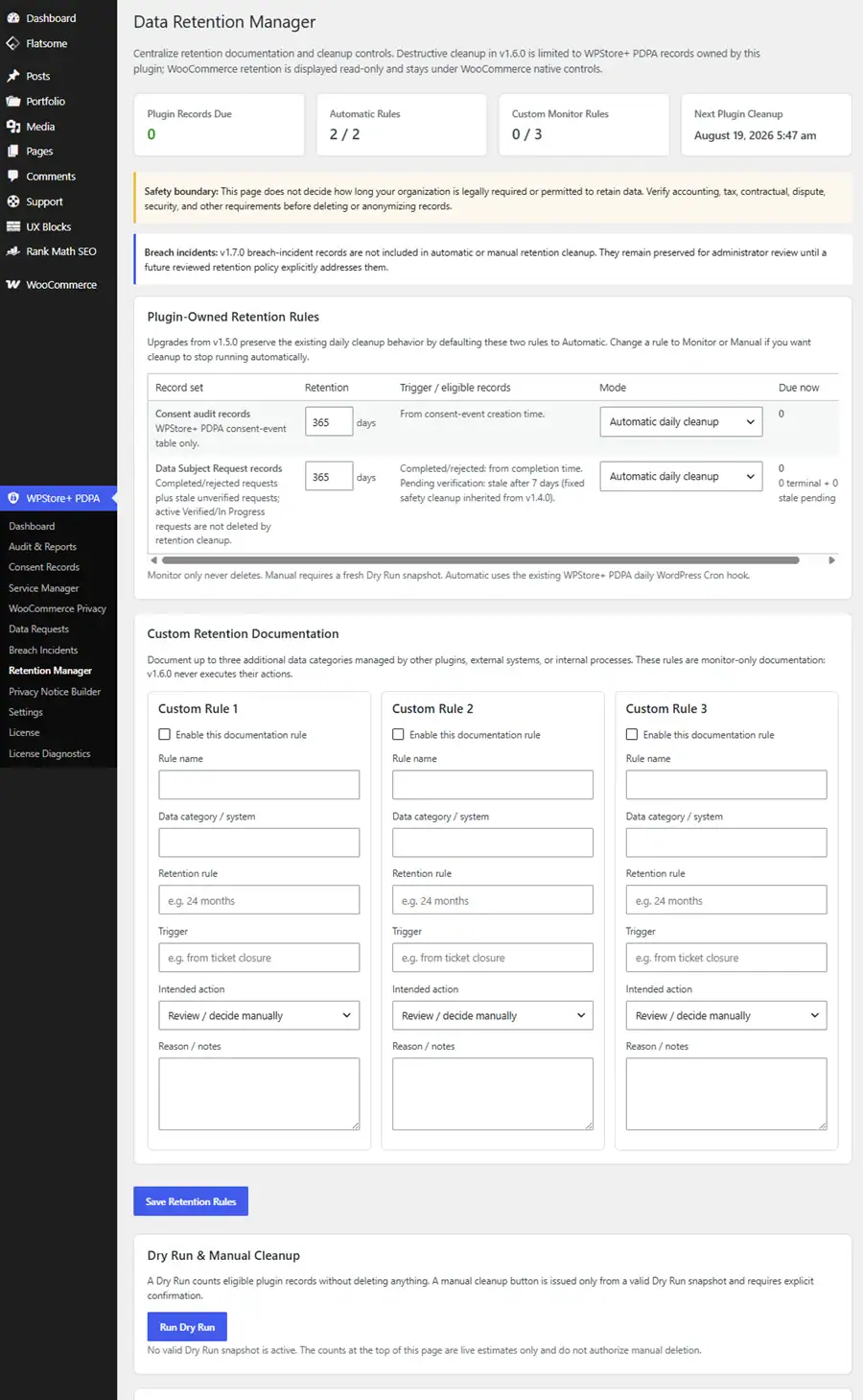 Data Retention Manager showing monitoring, dry run, cleanup modes, retention rules, and cleanup activity history.