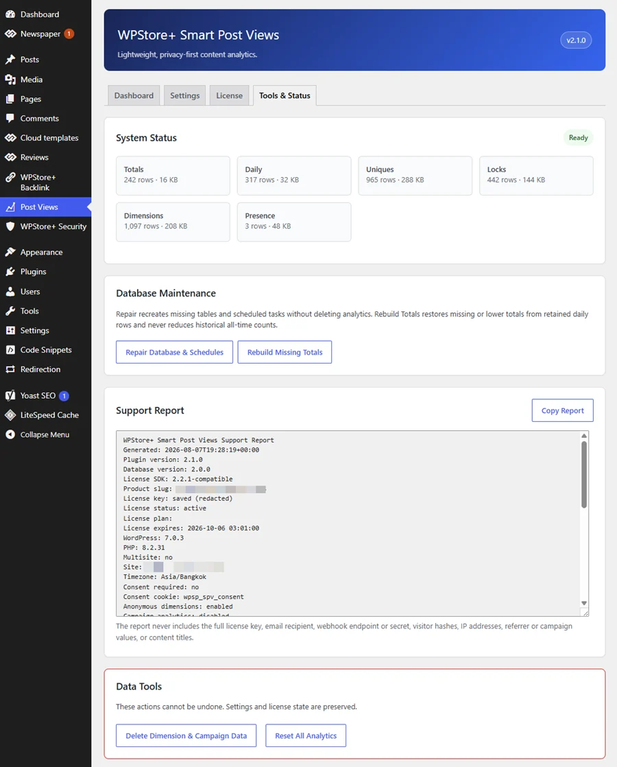 Tools and Status page with system diagnostics, database repair, counter rebuilding, analytics reset tools, and support report.