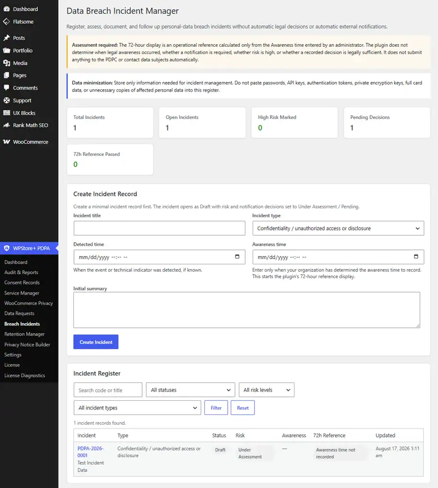 Privacy breach incident manager showing incident status, risk assessment, awareness time, response actions, and notification decisions.