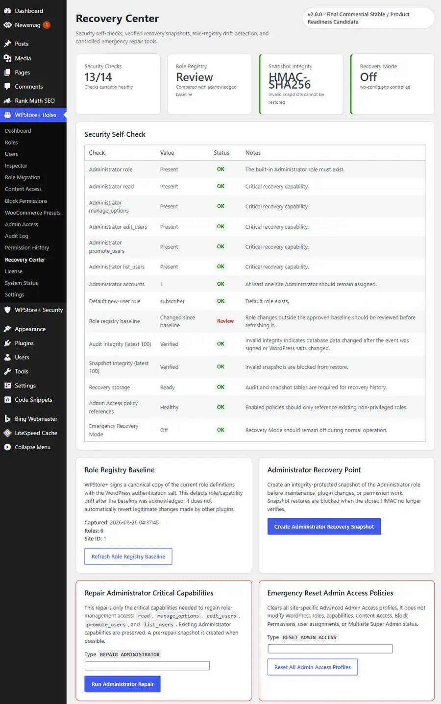 Recovery Center displaying administrator safety snapshot integrity role registry baseline and permission recovery diagnostics.