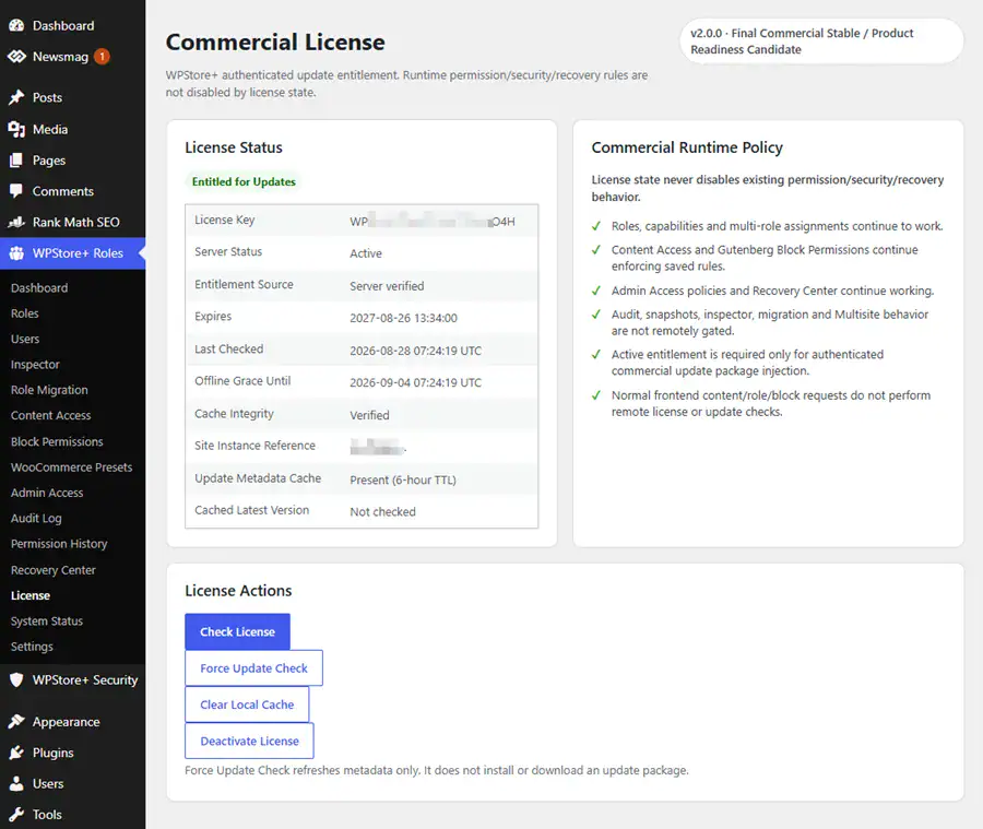 WPStore+ license and system status interface showing masked license status update readiness and privacy-safe diagnostics.