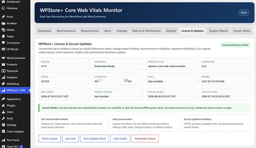 WPStore+ Core Web Vitals Monitor license and update management showing activation status, synchronization, and update controls