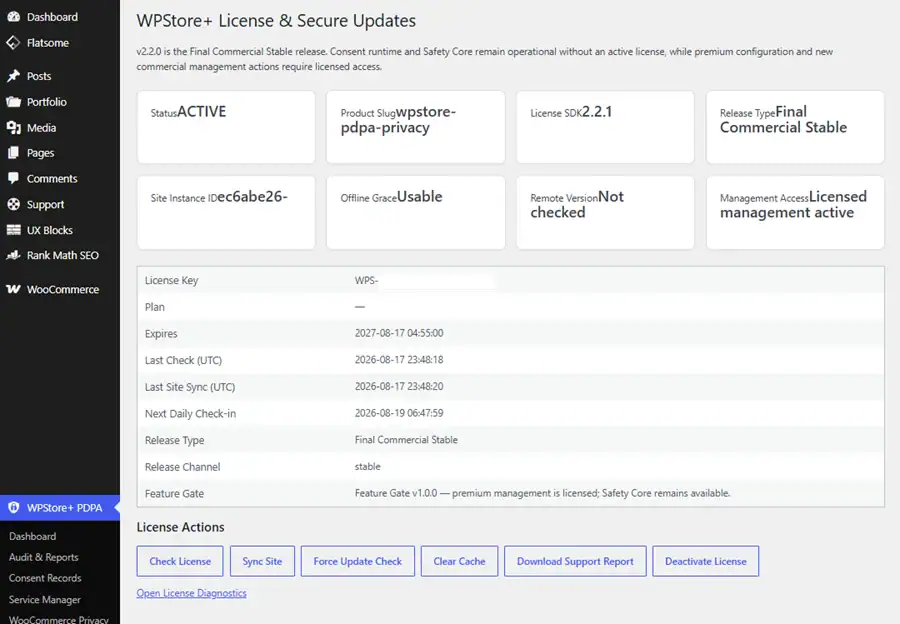 WPStore+ license page showing activation status, secure updates, management access, offline grace, and safety-first feature gate.