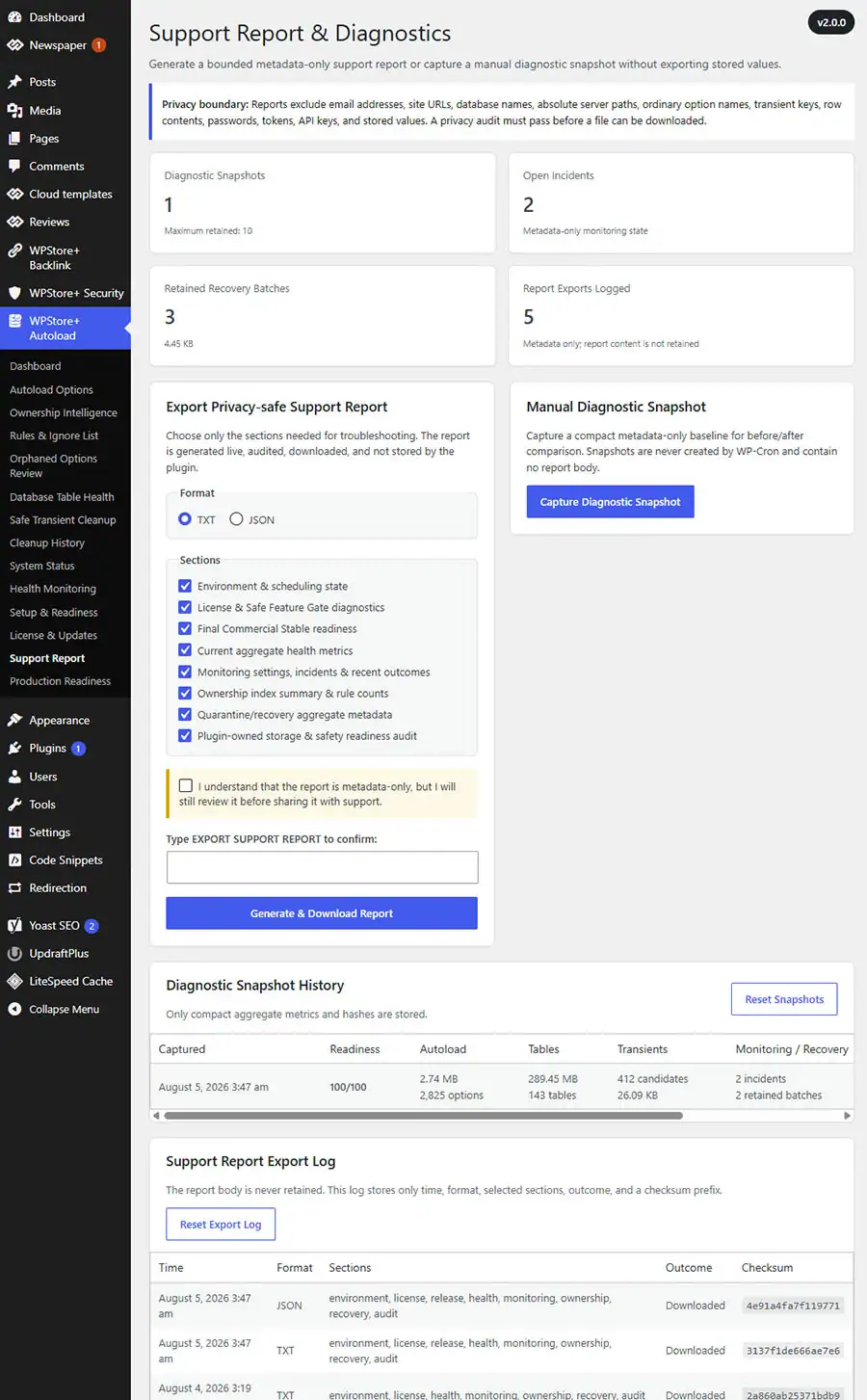 Privacy-safe Support Report interface showing selectable diagnostic sections, readiness score, privacy acknowledgement, and TXT or JSON export controls.