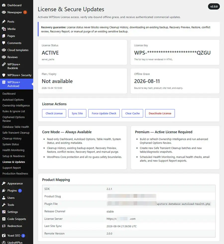 License and Secure Updates page showing a masked license key, activation status, plan, expiration date, offline grace, site sync, and update controls.