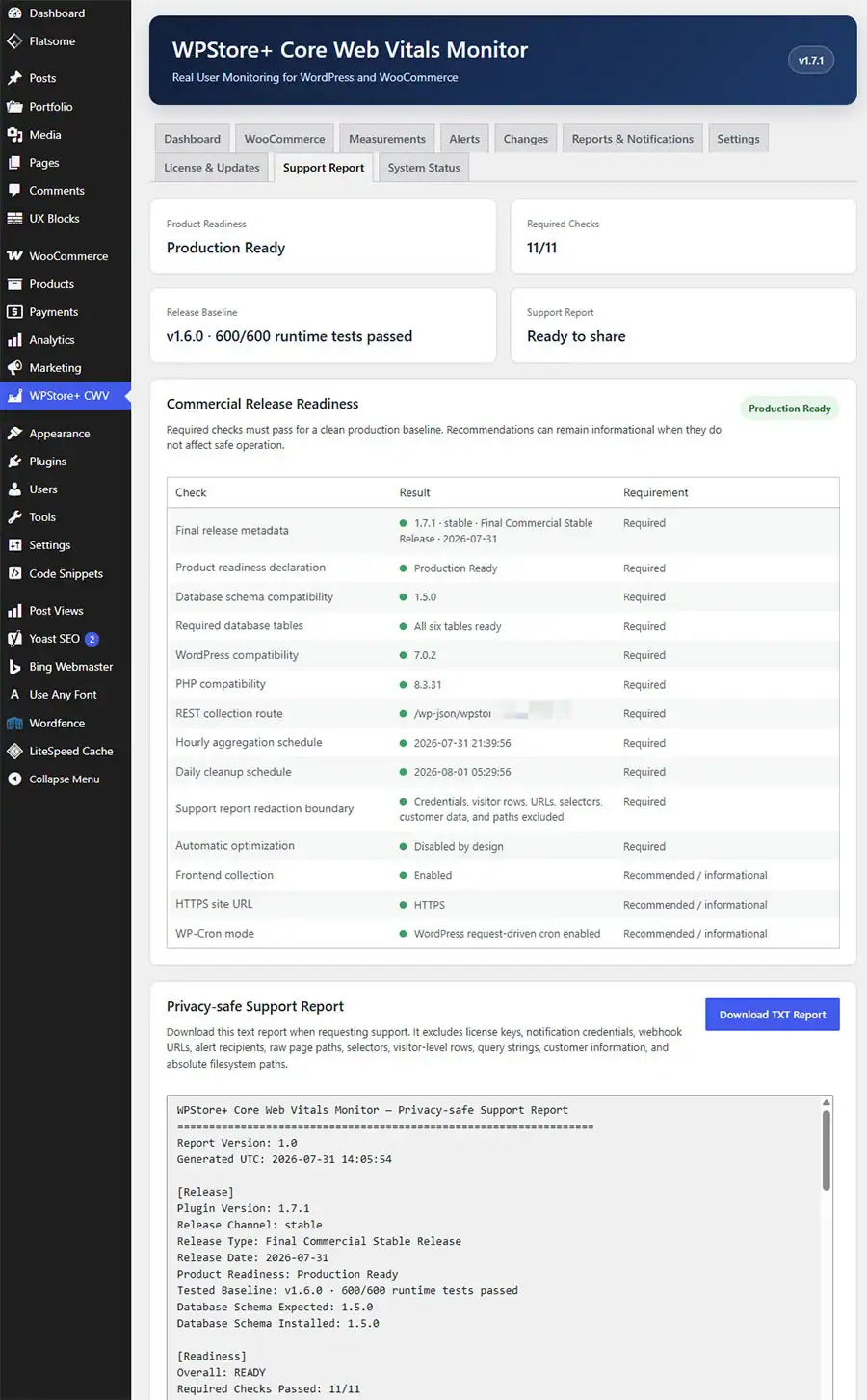 Product Readiness diagnostics showing Production Ready status and required compatibility, database, cron, REST, and privacy checks