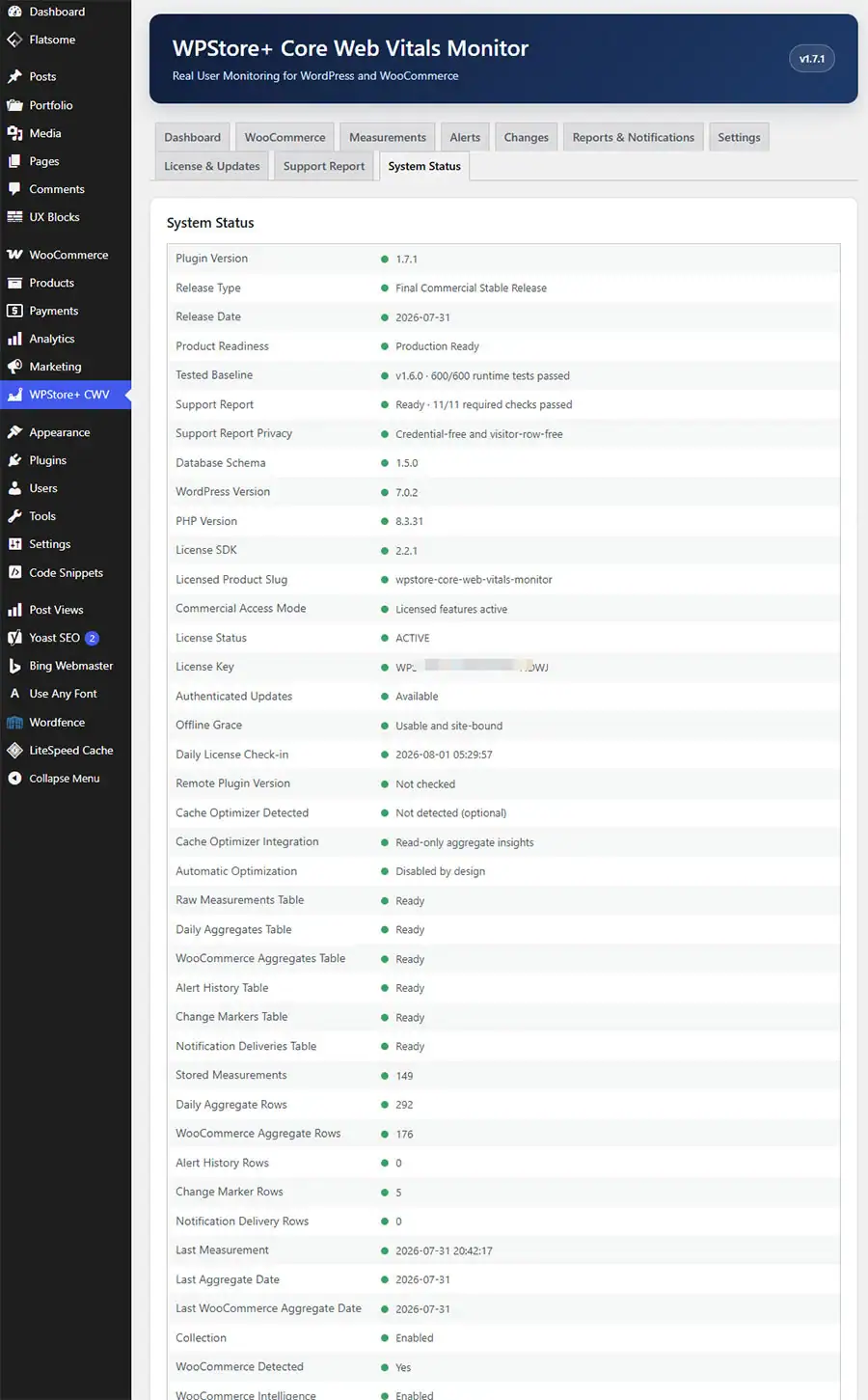 System Status page showing plugin version, database schema, table status, cron events, license state, release metadata, and product readiness