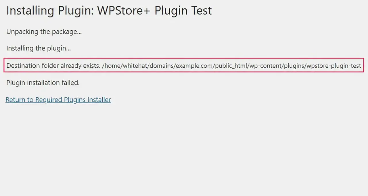 The graphic illustration shows the blue WP-CONTENT/PLUGINS folder and the green NEW-PLUGIN.ZIP folder being blocked by an orange-red folder with a warning label and bar, along with the message "Destination Folder Already Exists: Quick WordPress Fix" on the top banner and server background.