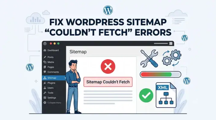 This featured graphic illustrates a common WordPress SEO issue. A frustrated user stands next to a dashboard displaying the sitemap could not fetch error. The design also features repair tools, spinning gears, a loading bar, and a validated XML document, perfectly representing the troubleshooting process for search engine optimization success.