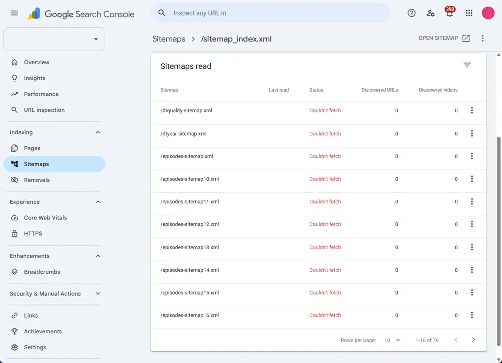 Screenshot of Google Search Console displaying the "Couldn't fetch" status error for multiple XML sitemaps under the Indexing section.