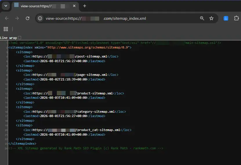 A browser window showing the raw XML source code of a sitemap index file generated by Rank Math SEO. The code clearly outlines individual sitemap locations and last modification timestamps wrapped inside structured XML tags, demonstrating how search engine crawlers read the site structure for indexing and technical audit purposes.