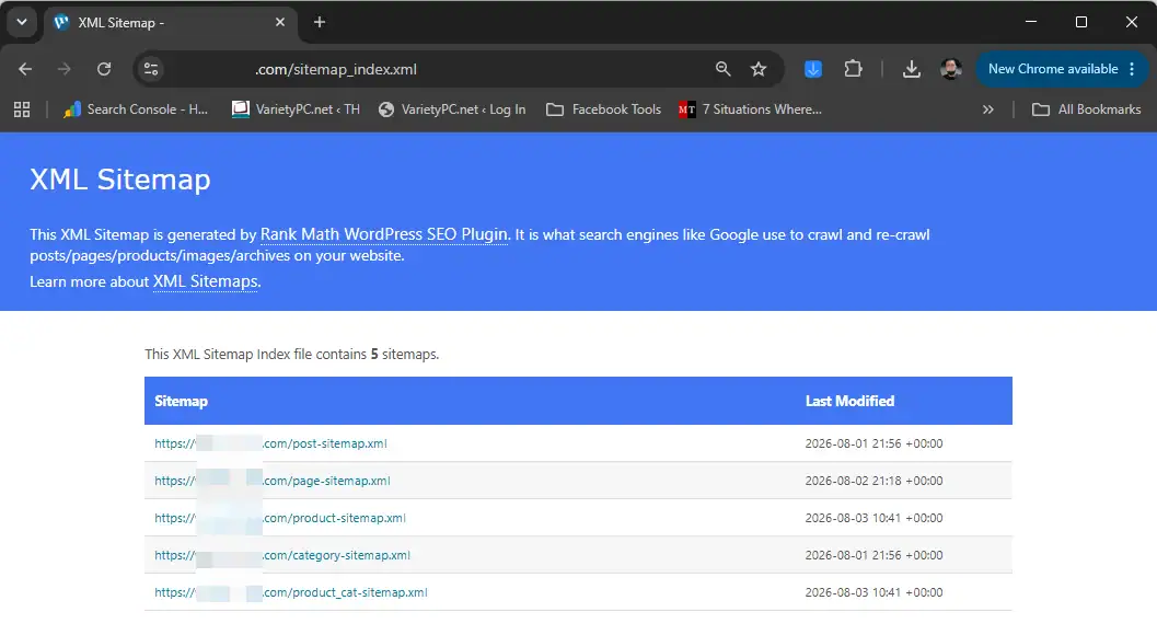 A web browser displaying a live XML Sitemap Index page generated by the Rank Math SEO plugin for WordPress. The interface shows a list of five sub-sitemaps—including post, page, product, category, and product category sitemaps—alongside their respective last modified dates to assist search engines in crawling website content.