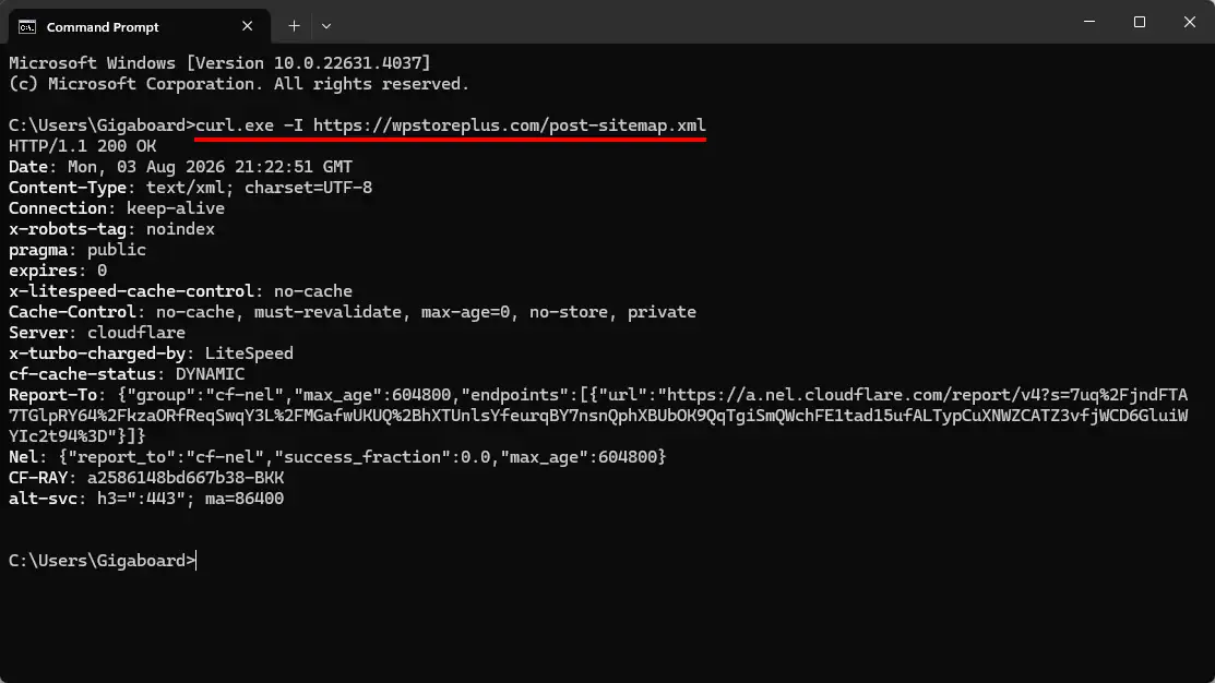 A Windows Command Prompt terminal window displaying a cURL request command executed against a WordPress XML sitemap URL. The terminal output reveals an HTTP status response of 200 OK along with detailed server header information, including LiteSpeed cache settings, Cloudflare integration status, and various connection parameters for troubleshooting.