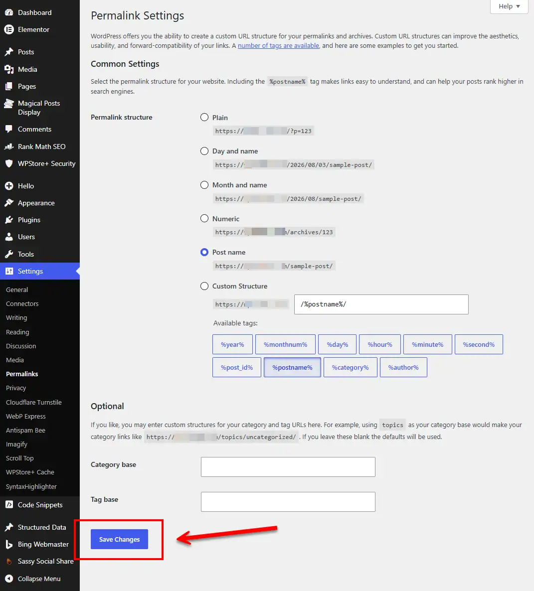 A screenshot of the WordPress dashboard Permalink Settings page showing common URL structure options with Post name selected. A red box and arrow highlight the blue Save Changes button at the bottom, demonstrating how to refresh rewrite rules to fix XML sitemap fetching issues and resolving URL routing errors.