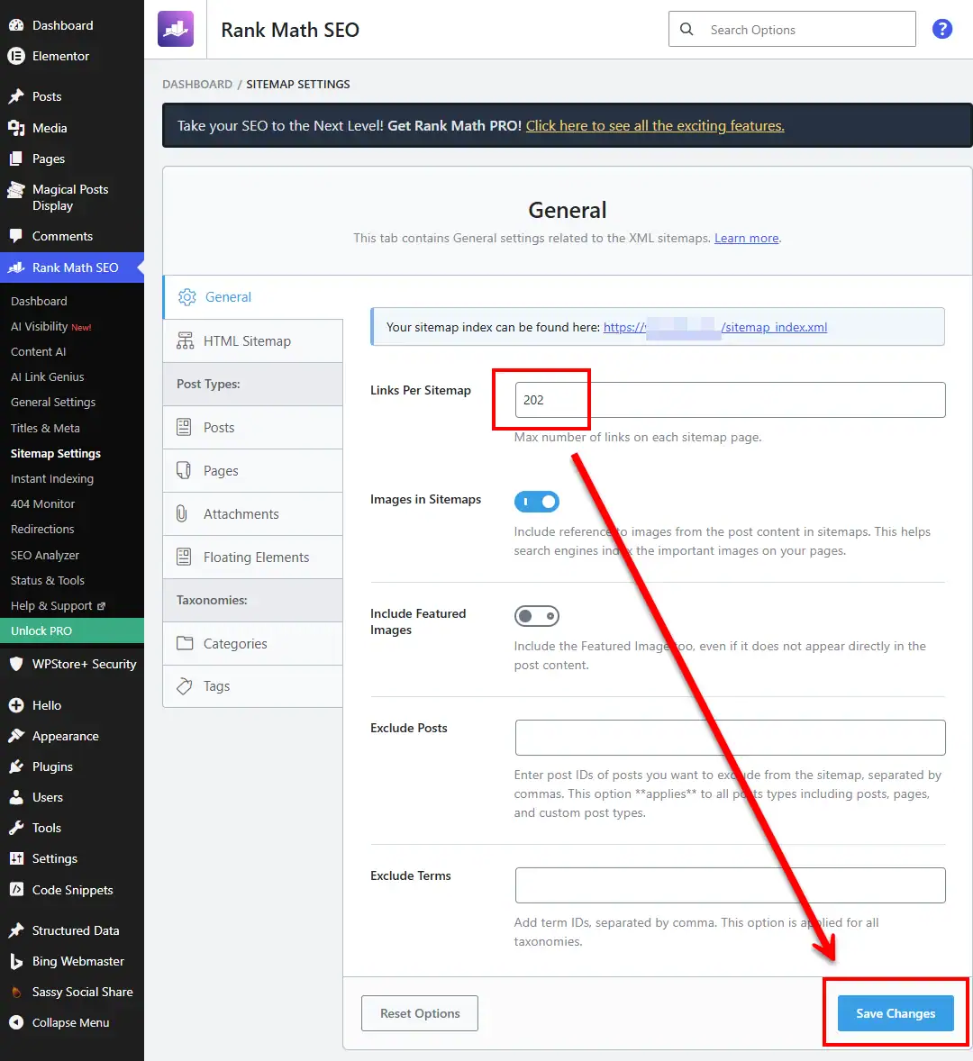 A screenshot of the Rank Math SEO plugin general sitemap settings page in WordPress. A red rectangle highlights the Links Per Sitemap input box set to two hundred two, with a red arrow pointing down to the Save Changes button, demonstrating how to lower links per sitemap page for optimization.