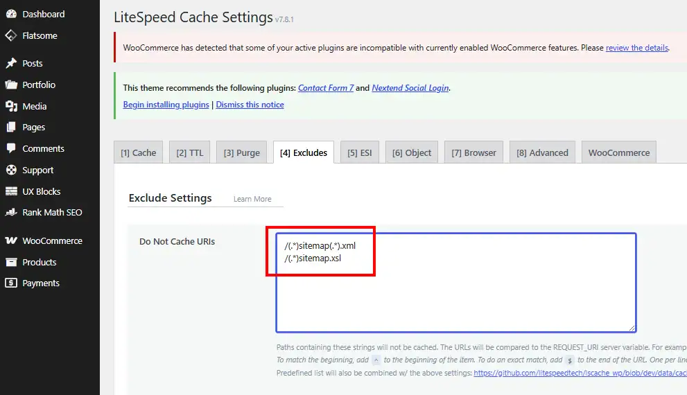 A WordPress LiteSpeed Cache settings panel displaying the Excludes tab. A red outline highlights the Do Not Cache URIs text box containing regular expression rules for sitemap files, showing how webmasters prevent caching plugins from serving stale or corrupted sitemap XML files to search engine crawlers like Googlebot.